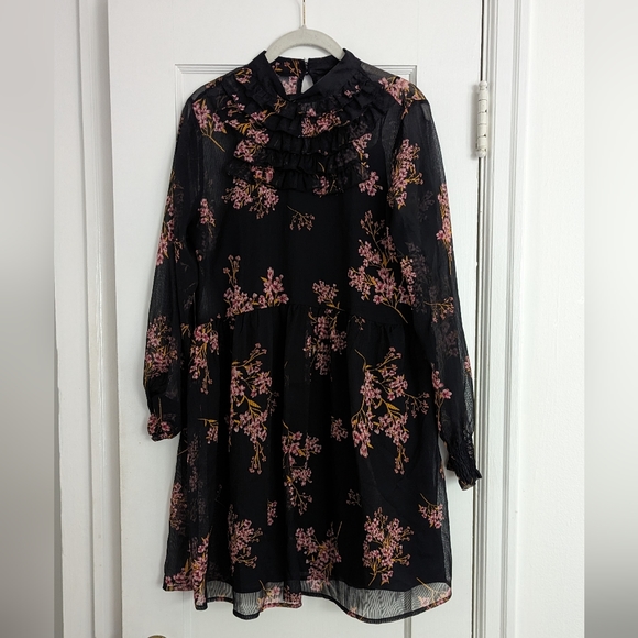 Who What Wear Chiffon Mini Dress Long Sleeve Floral Ruffle Trim Pullover Size S - Picture 1 of 5
